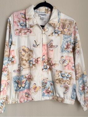 Alfred Dunner Vintage Floral & Butterfly Zip Jacket in Cream, Pink & Blue